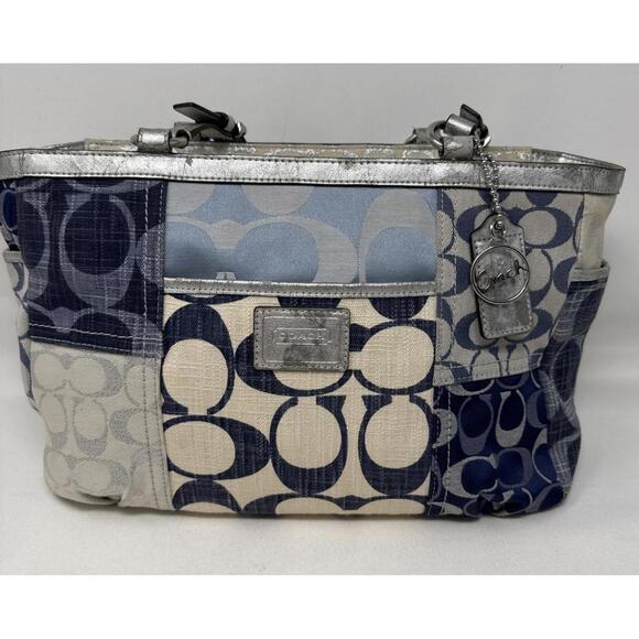 Coach Denim Patchwork Signature Tote Book Bag + Charm Vintage Y2K - Picture 2 of 15